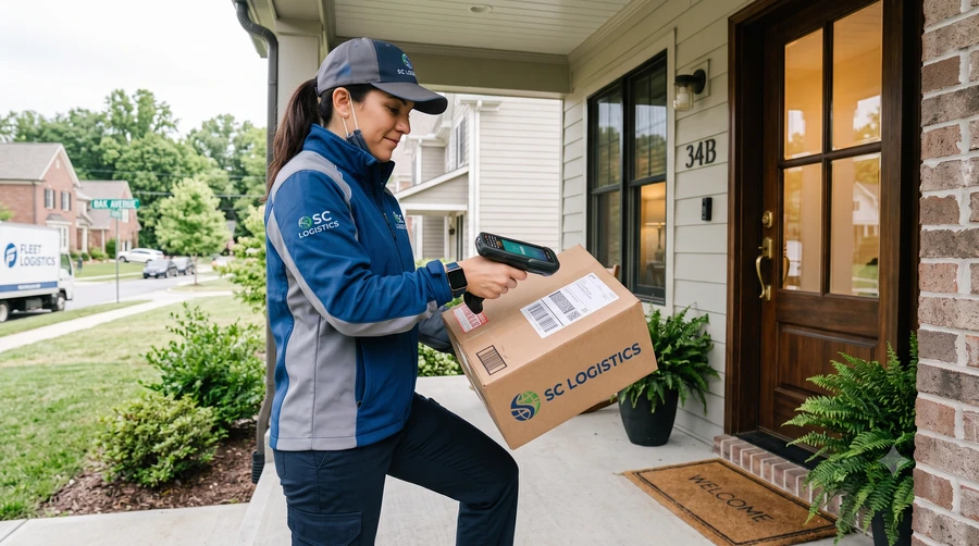 Delivery driver scanning a parcel at the door