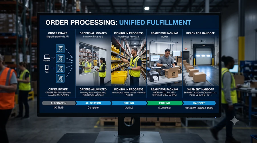 Packing bench with orders staged for dispatch