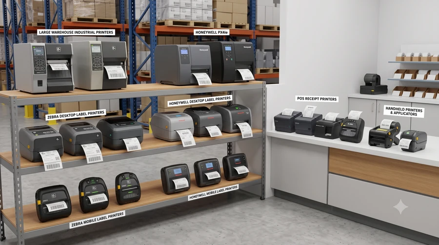 Receipt printer at a POS counter beside a label printer