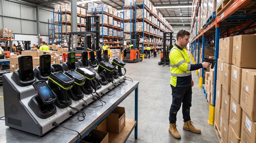 Warehouse worker holding a rugged RF scanner terminal