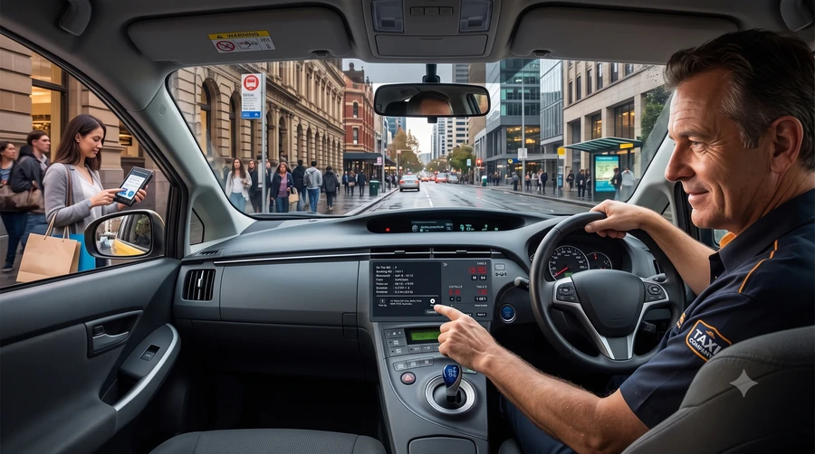 Taxi dashboard with driver meter app running