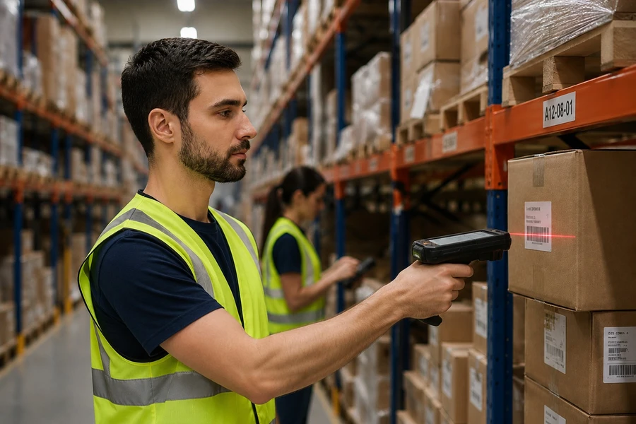 Handheld barcode scanner for warehouse stock tracking